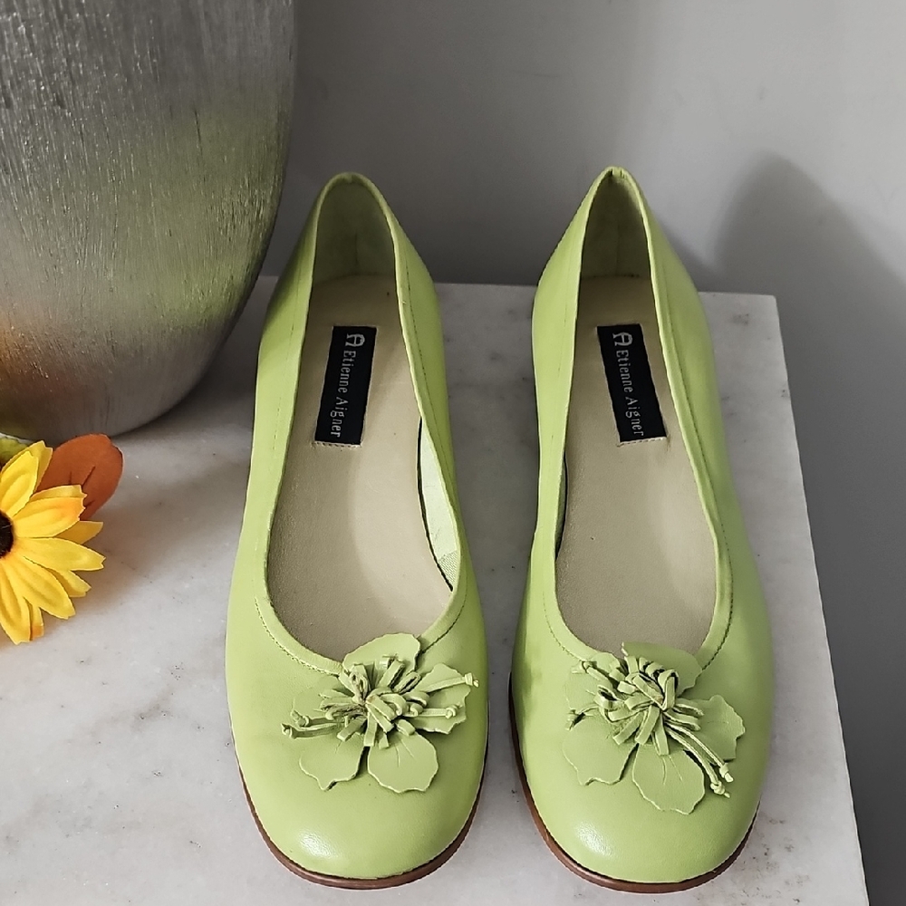 Etienne Aigner Lime Green Floral Ballet Flats